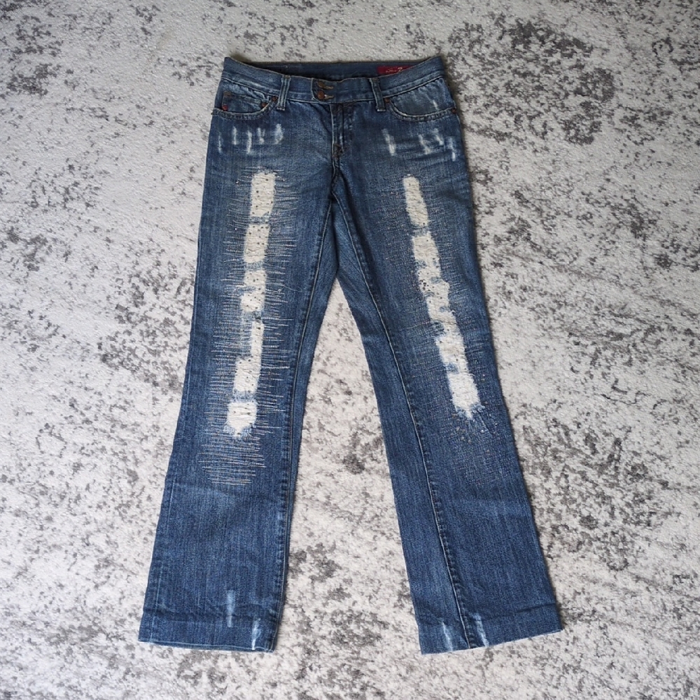 Seven7 Blue Flare Wide Leg Jeans Distressed